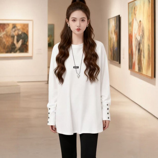 中长款长袖卫衣女春秋套头宽松显瘦洋气T恤打底衫白色纽扣上衣潮
