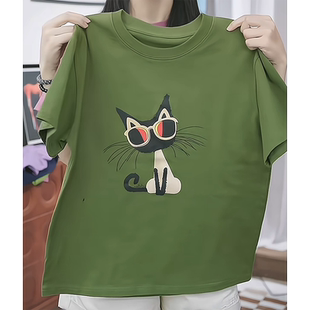 绿色猫咪上衣潮 欧货大版 时尚 百搭圆领短袖 T恤女高级感洋气打底衫