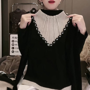 时髦小姨风V领T恤镶钻撞色长袖假两件打底衫女黑色显瘦百搭上衣潮