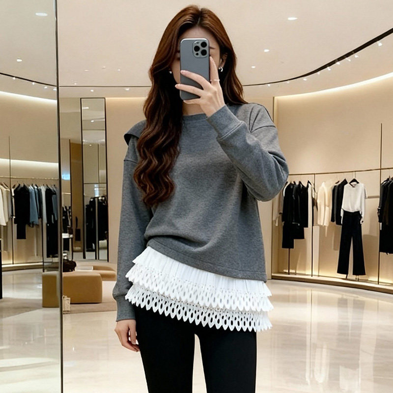 灰色蕾丝拼接长袖T恤卫衣女法式气质宽松百搭减龄洋气上衣打底衫,女装/女士精品,大码内搭,淘宝优惠券,粉丝福利购,淘宝优惠卷