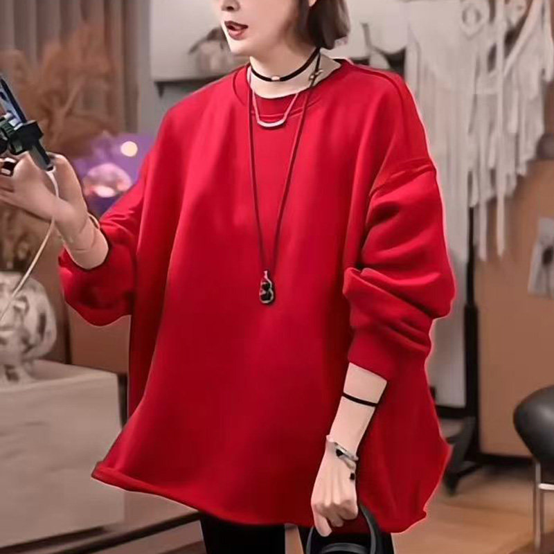 大码设计感圆领长袖卫衣女秋冬季慵懒风宽松百搭休闲显瘦纯色上衣,女装/女士精品,大码内搭,淘宝优惠券,粉丝福利购,淘宝优惠卷
