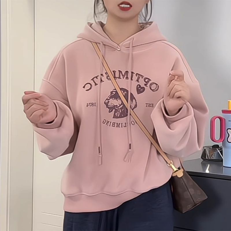 美式复古套头字母印花连帽卫衣女