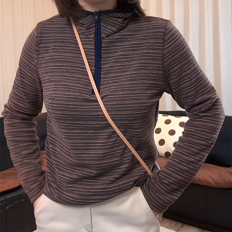 美式套头半拉链条纹连帽长袖T恤