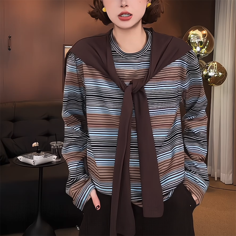 宽松慵懒风条纹长袖T恤女打底衫