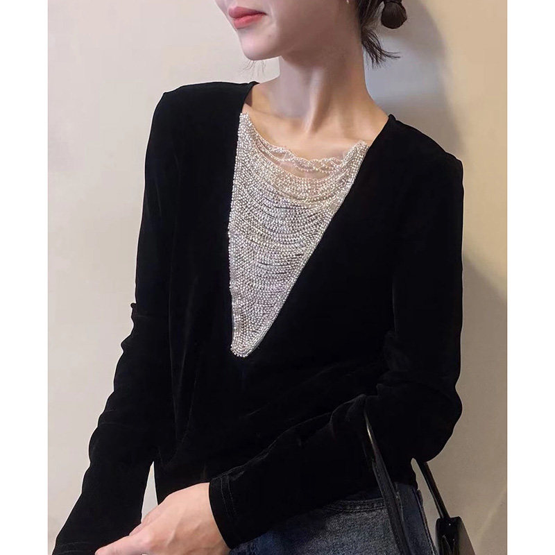 春秋轻奢风V领镶钻链条长袖T恤女高级感修身显瘦百搭打底衫上衣潮,女装/女士精品,大码内搭,淘宝优惠券,粉丝福利购,淘宝优惠卷
