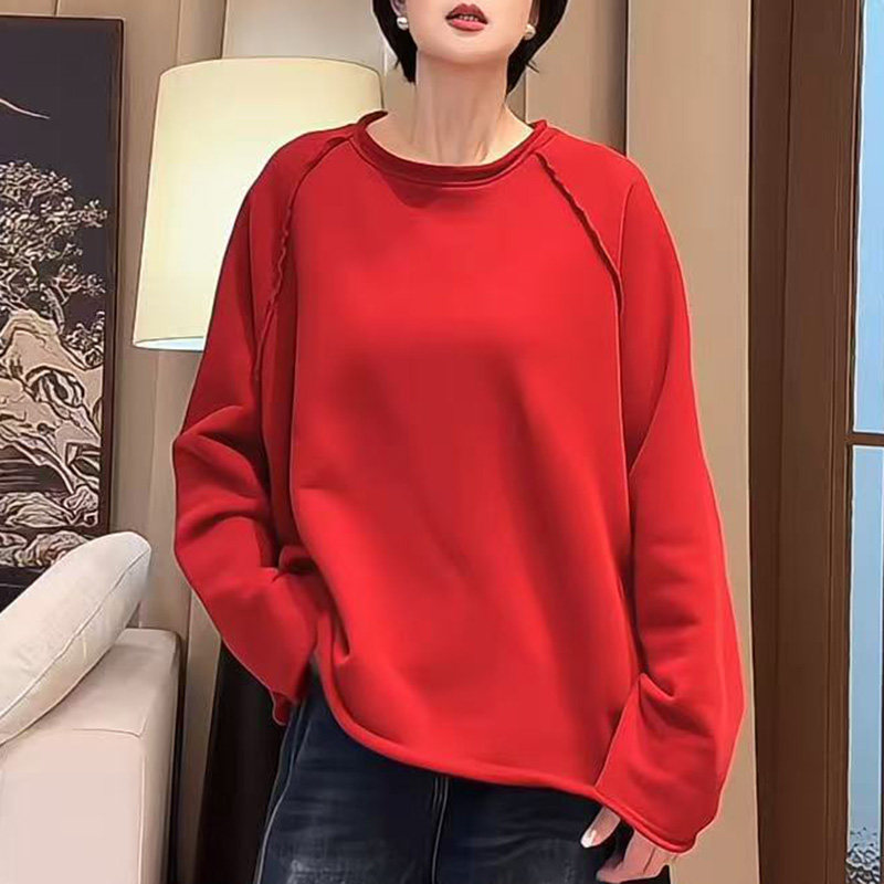 美式大码设计感卷边长袖T恤女春秋慵懒风打底衫纯色简约风上衣潮,女装/女士精品,大码内搭,淘宝优惠券,粉丝福利购,淘宝优惠卷