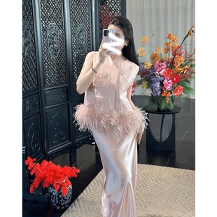 新中式国风马甲背心女装夏季富家千金高级贵气感缎面半裙两件套装