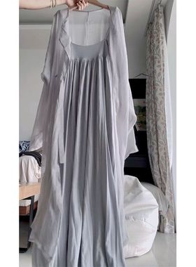 【3167人收藏】松弛感减龄韩版宽松灰色连衣裙子套装2024新款女装