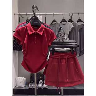 安可拉红色穿搭休闲风运动服短袖短裙两件套装春装女款2025年新款