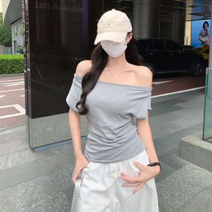 纯棉短袖 斜肩设计宽松显瘦收腰不规则露肩上衣 t恤女2025夏季 新款