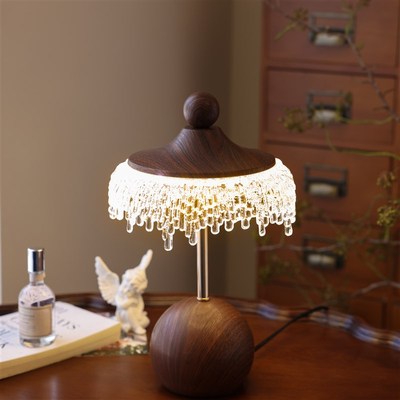 中古台灯卧室法式酒店房间冰山水滴复古胡桃木色床头灯氛围高级感