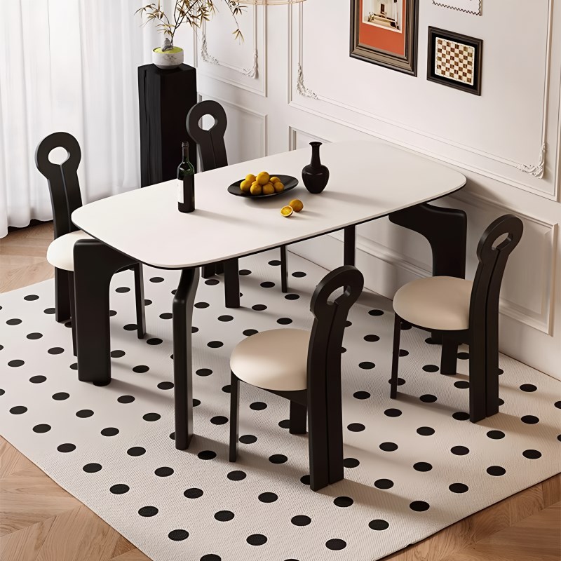 法式复古实木岩板餐桌长方形客厅小户型高端家用吃饭桌子奶油风