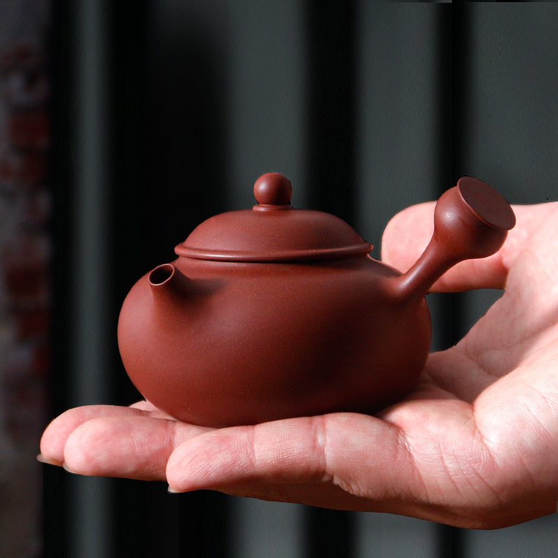 潮州手拉朱泥壶纯手工侧把原矿紫砂壶工夫泡茶壶小品 迷你福容壶