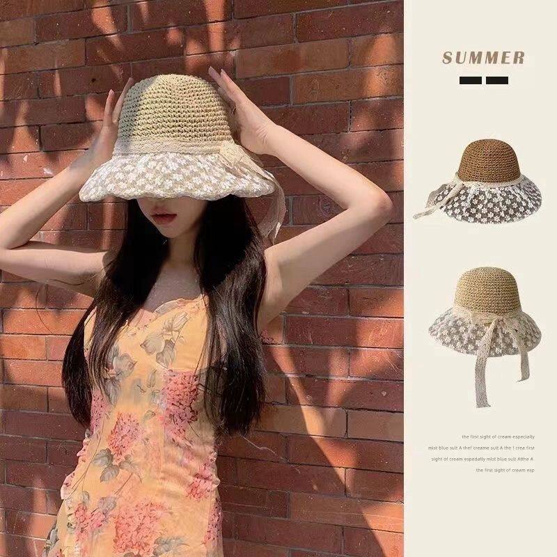 蕾丝花边草帽渔夫帽女夏季大帽檐防晒遮阳帽韩版防紫外线旅游帽子
