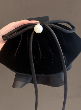 法式复古珍珠丝绒飘带抓夹黑色蝴蝶结扎高马尾夹后脑勺超仙盘发夹