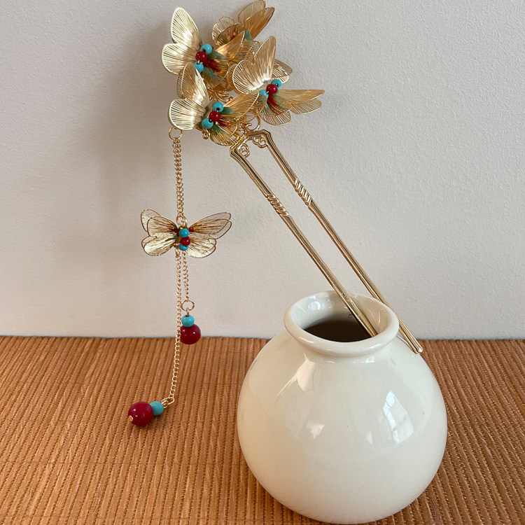 新中式金色蝴蝶流苏发簪复古国风气质汉服旗袍盘发U型发钗发饰女