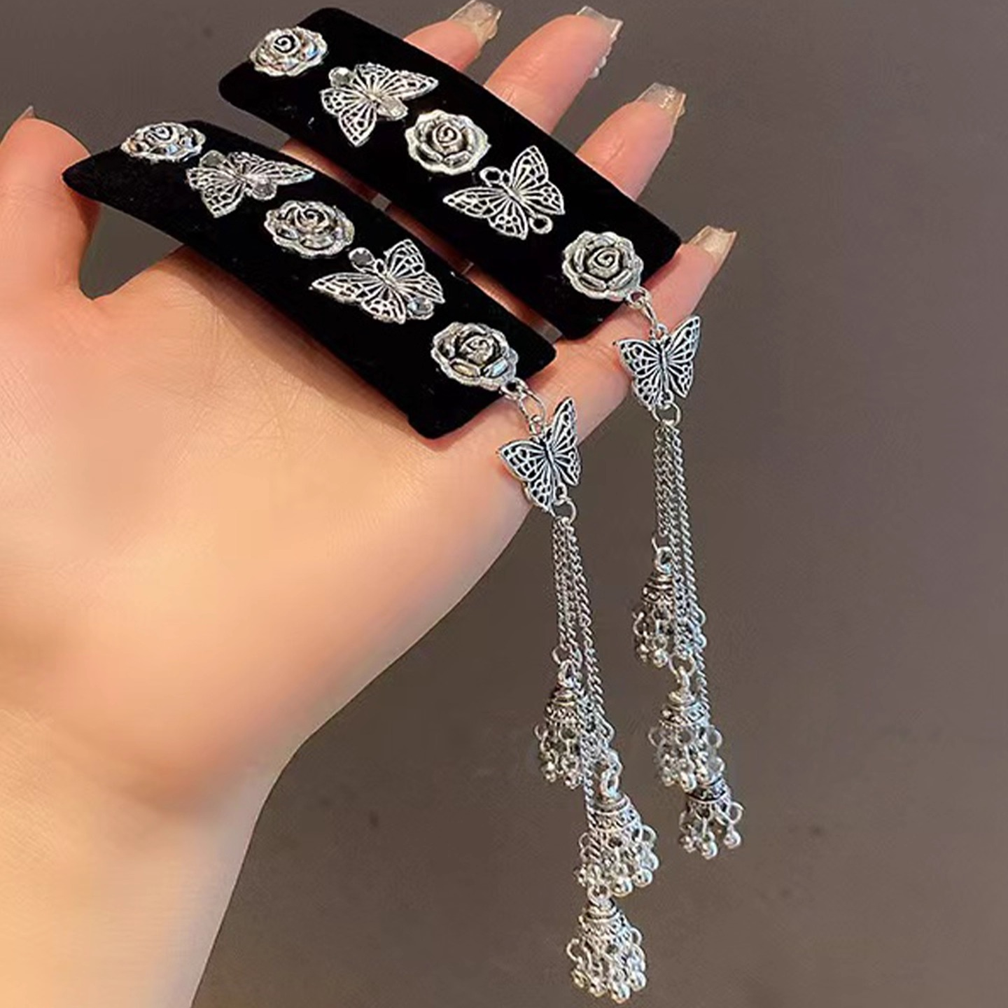 李柯以闻浅同款银色流苏发夹新中式蝴蝶玫瑰花侧边碎发边夹发饰新