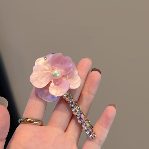 《玫瑰果冻》法式复古醋酸花朵珍珠鸭嘴夹高级感前额刘海夹发饰女