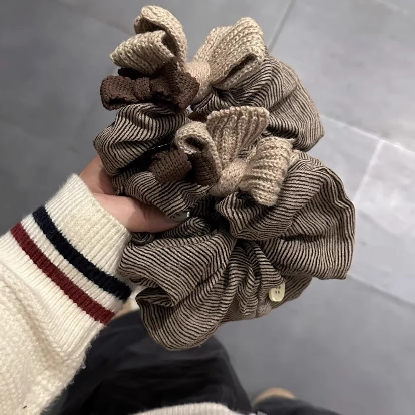 韩系条纹拼接毛线针织蝴蝶结大肠发圈女时尚低马尾头绳丸子头皮筋