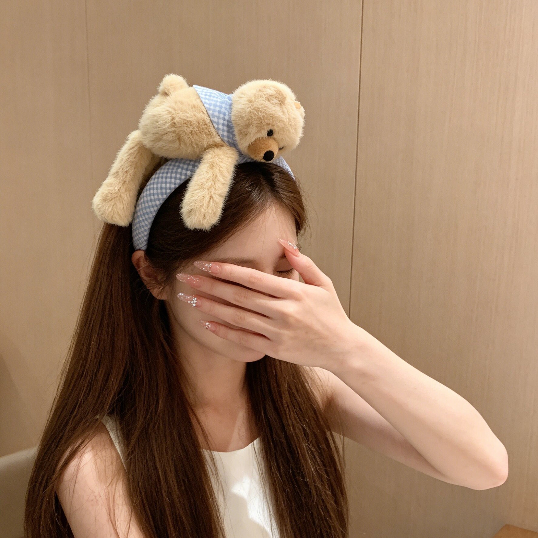 韩系格纹毛绒趴趴泰迪熊发箍少女心百搭碎发网红气质头饰洗脸头箍