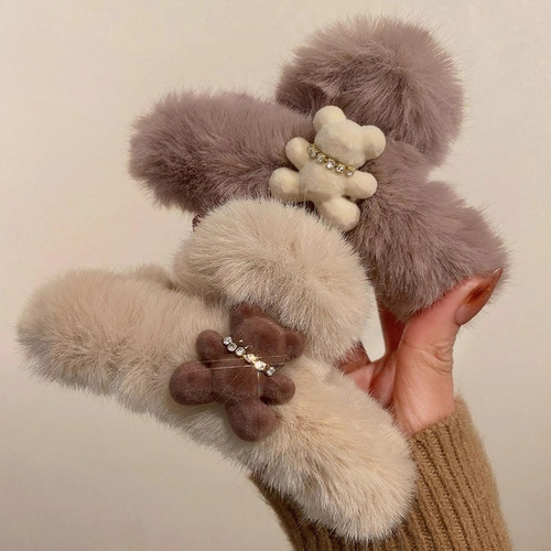 水墨风系列抓夹！可爱熊毛绒抓夹女可爱发夹秋冬气质后脑勺鲨鱼夹