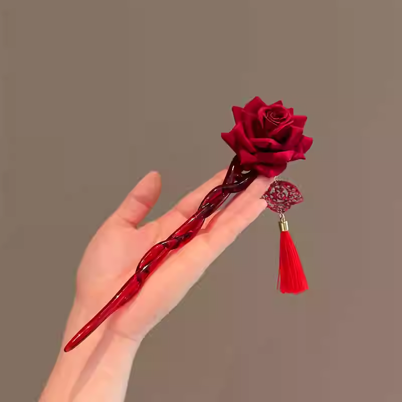 红玫瑰~新年国风红色花朵流苏发