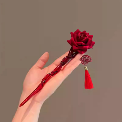 红玫瑰~新年国风红色花朵流苏发