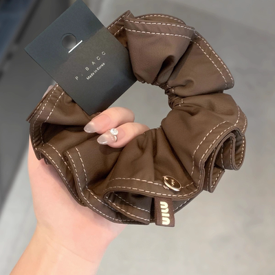 韩国复古ins风皮质双层大肠发圈扎丸子头花气质重工秋冬超大皮筋