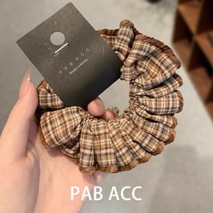 韩国复古洋气撞色格纹丝绒包边丸子头花侧低马尾绑发圈布艺头绳女