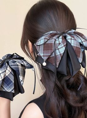 发夹女2025新款高端精致格纹蝴蝶结抓夹法式饱满后脑勺半扎马尾夹