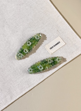 甜美超仙绿色闪钻花朵发夹BB夹侧边刘海夹高级感小清新刘海夹发饰