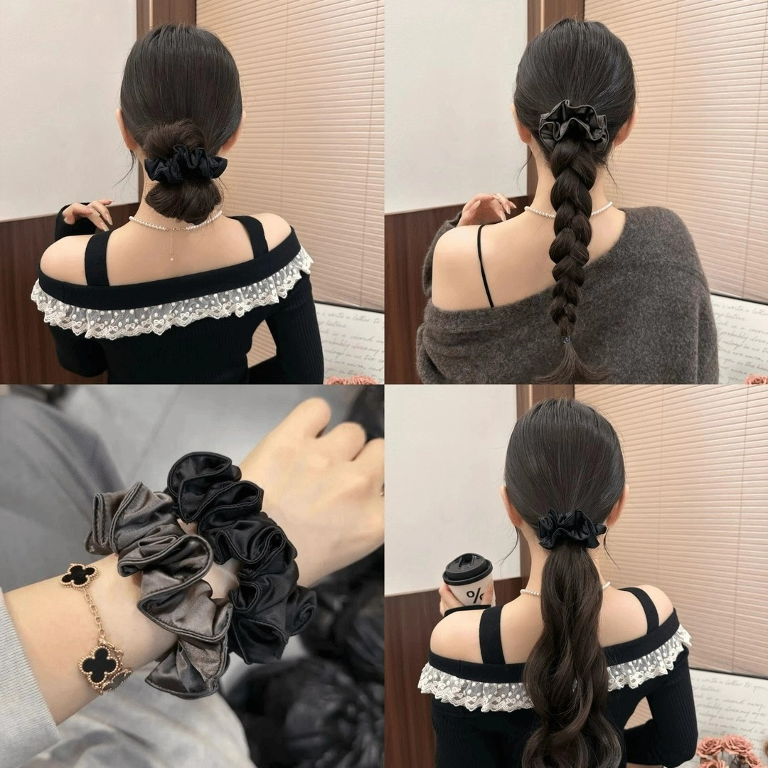 韩系高级感褶皱压边面膜花苞小肠发圈法式简约黑色低丸子头发绳女