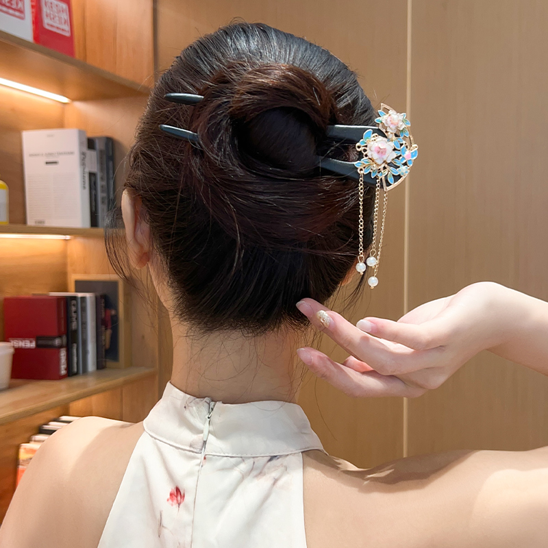 国色天香~牡丹花发簪女古风步摇U型盘发簪子中式发钗汉服旗袍配饰