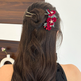 红色山茶马面裙盘发古风流苏汉服发饰套装新娘结婚敬酒服头饰女