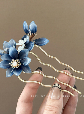 蓝色琉璃花朵发梳新中式盘发簪子发钗旗袍配饰u型发簪发饰头饰女