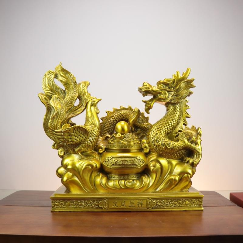 杨铜记 黄铜龙凤呈祥龙凤摆件一对龙凤戏珠