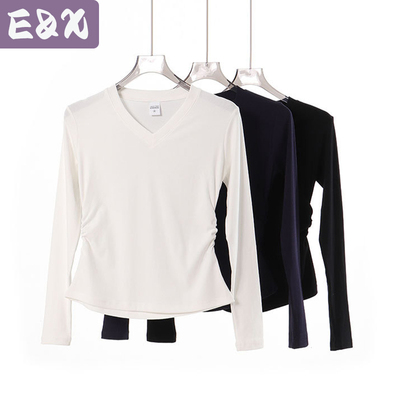 Casual Cotton T-Shirts For Women Long Sleeves V Collar Tees