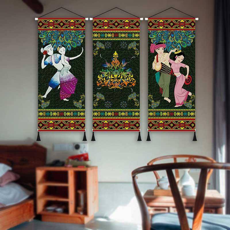 傣族人物风情布艺装饰画民族风民宿客栈客房空白墙壁花纹挂布挂画