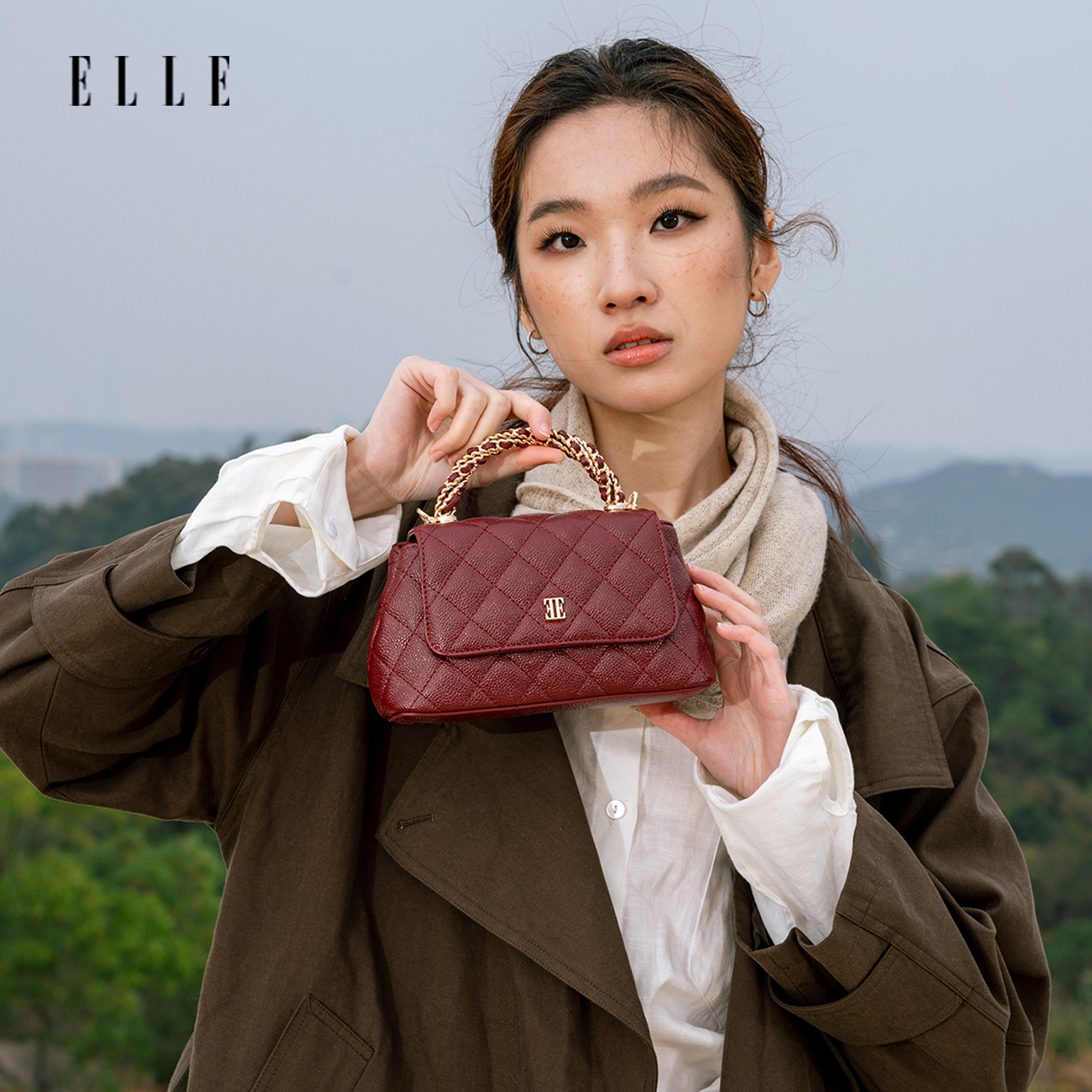 ELLE小香风链条菱格包手提包图片