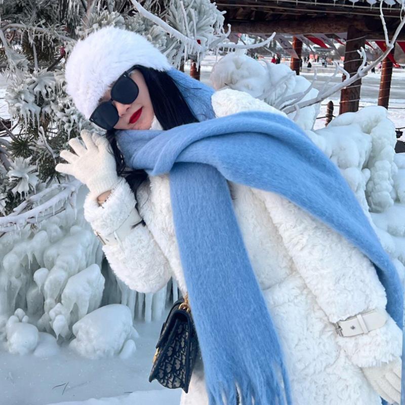 冬季马卡龙彩色马海毛围巾到Heattech，盖面，防风，防寒天鹅绒双