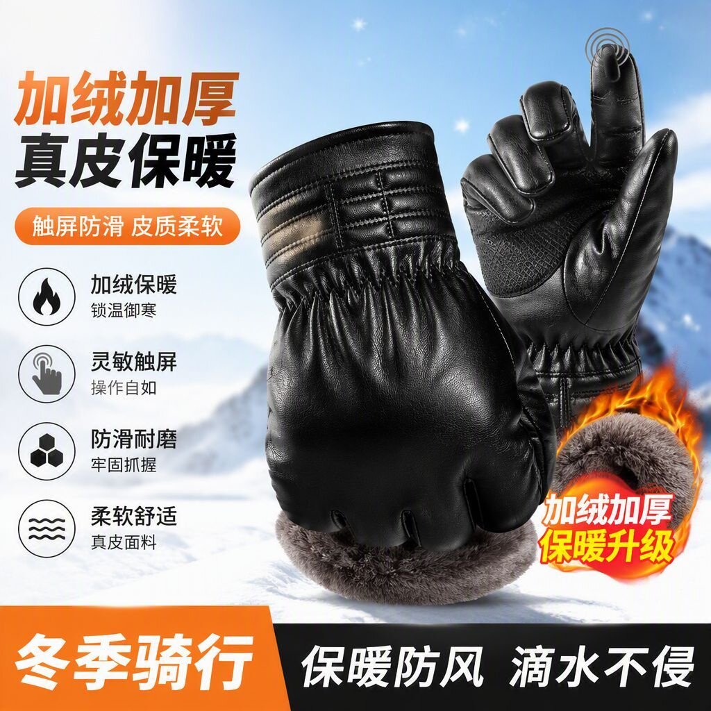 【冬季手套】PU加绒保暖皮手套冬季防寒触屏设计户外骑行手套