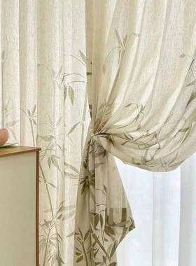 窗帘绿色竹背叶新纱帘书92437房茶楼客厅飘窗中麻纱道具景装饰古