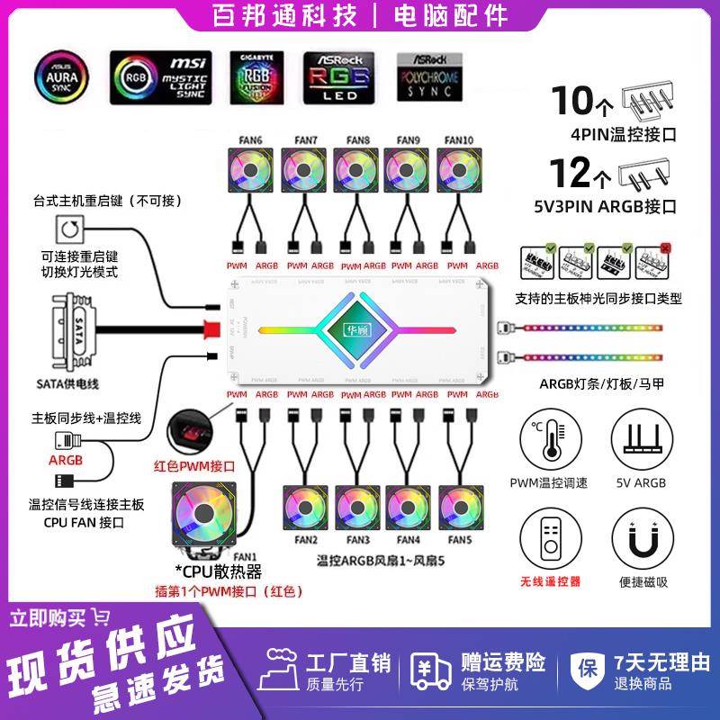 电脑ARGB主机壳散热风扇控制器5V神光同步PWM温控集线器10+12路接