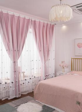 新款韩式田园帘绣窗花双层带纱遮光卧室飘76551窗北欧简约客隔厅