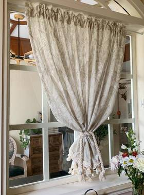 美式73345北欧法奶油风窗半帘布遮式光流苏透光魔免打孔术贴门帘