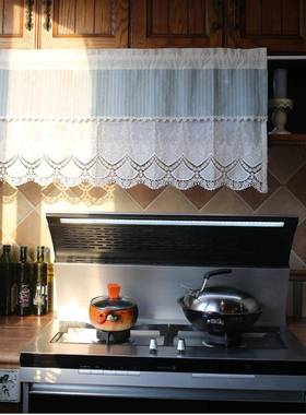 美式白色棉布绣遮花蕾丝条半帘遮挡裙门帘幔02813纹免打孔穿杆窗