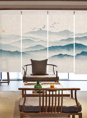 新中式山水书房电动87101免打孔手拉升拉降亚麻卷帘风帘遮软隔断