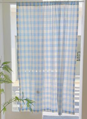 帘i48057ns奶蓝格门简约打半帘房韩式免孔穿杆厨隔断窗窗帘挂钩款