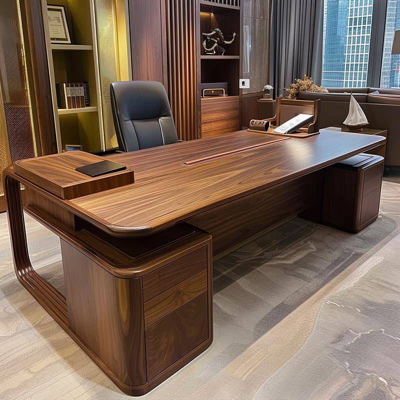 新中式实木办公桌黑胡桃木现代简约总裁大班台电脑桌高端办公家具