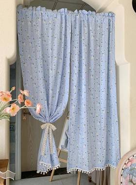 式美乡免村田79939园蓝色小碎花半遮房光棉麻窗帘布打孔门帘阳台